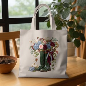 Cottagecore Floral Boot Tote Bag, Heirloom Autumn Botanical Rain Boot Bag, English Country Fall Aesthetic Grandmillennial Gift for Her