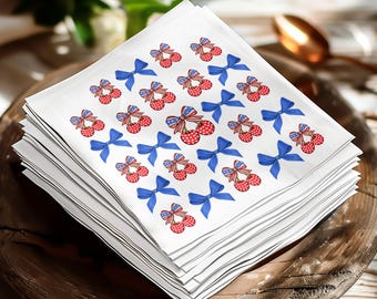 Patriotic Cherry Paper Napkins, Americana Table Decor, Red White Blue Bow Party Supplies