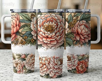 Floral Peony 40 Oz Tumbler Wrap, Elegant Flower PNG (Digital Download)