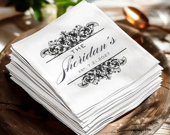 Personalized Wedding Napkins with Custom Name & Date | Elegant Filigree Beverage Napkins | Bridal Shower Party Decor