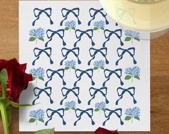 Hydrangea Bow Napkins | Chinoiserie Blue Floral Guest Towels, Bridal Shower Decor