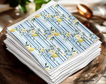 Lemon Blue Floral Striped Napkins | Summer Citrus Coastal Party Decorations