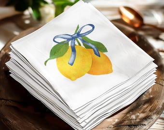 Watercolor Lemon Napkins, Blue Ribbon Summer Party Table Decor