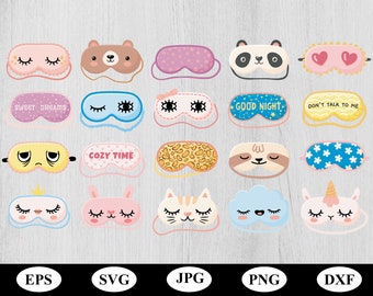 cartoon slip sleep eye mask element sets bundle svg, colorful night mask animals face illustration svg, animal slip sleep mask clipart svg