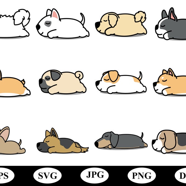 hand drawn lazy sleeping dog icon sets elements design svg, different type of cartoon cute lovely kawaii animals dog icon sets clipart svg