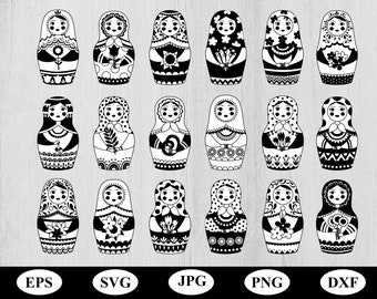 cartoon russian nesting doll illustration element icon set svg, silhouette different type of russian nesting doll toy collection clipart svg