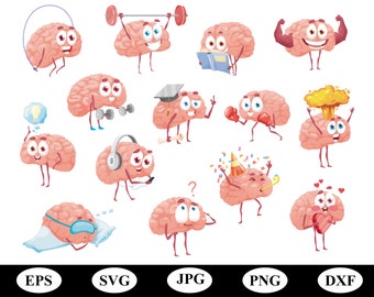 cartoon brain illustration icon sets elements collection bundle svg, brain mascot, funny brain emoji, cartoon face emotions sets clipart svg