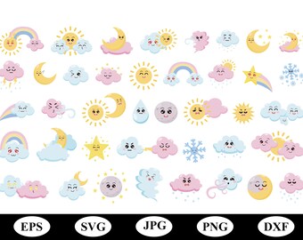 cartoon cute weather face expression reaction emoji symbol icon set svg, colorful weather sunny cloudy thunder snow element set clipart svg
