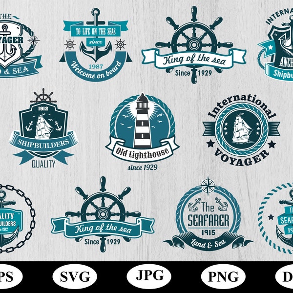 blue marine illustration logo sets design elements svg, sailboats, lighthouse, anchors, wheels, ropes icon emblems retro badge clipart svg