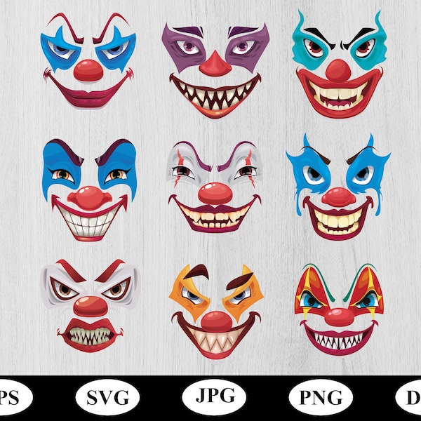 cartoon scary clown face mask illustration sets design element collection svg, clown face emoji cartoon face expression icon set clipart svg