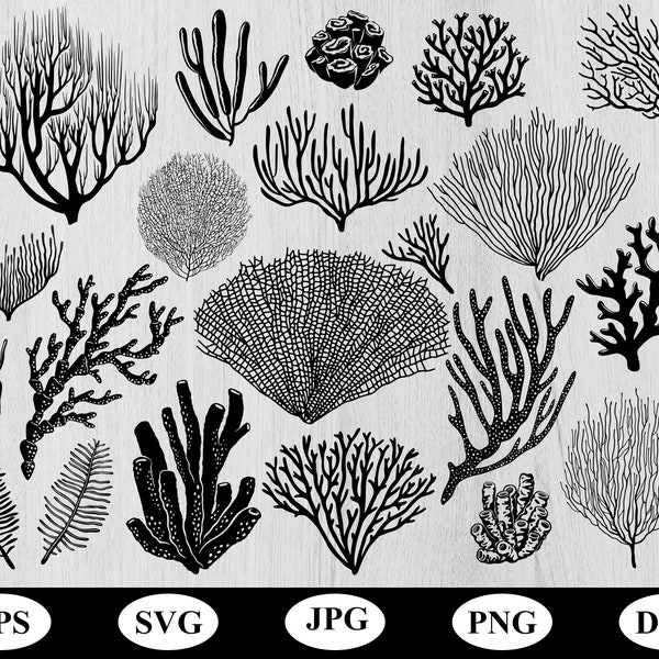 silhouette seaweeds illustration sets design element collection bundle svg, underwater plants coral reef element sets cricut clipart svg