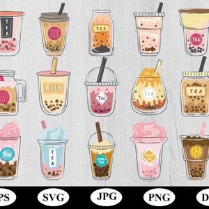 colorful bubble tea illustration sets element bundle svg, dessert beverage drink milk tea elements cafe icon clipart svg