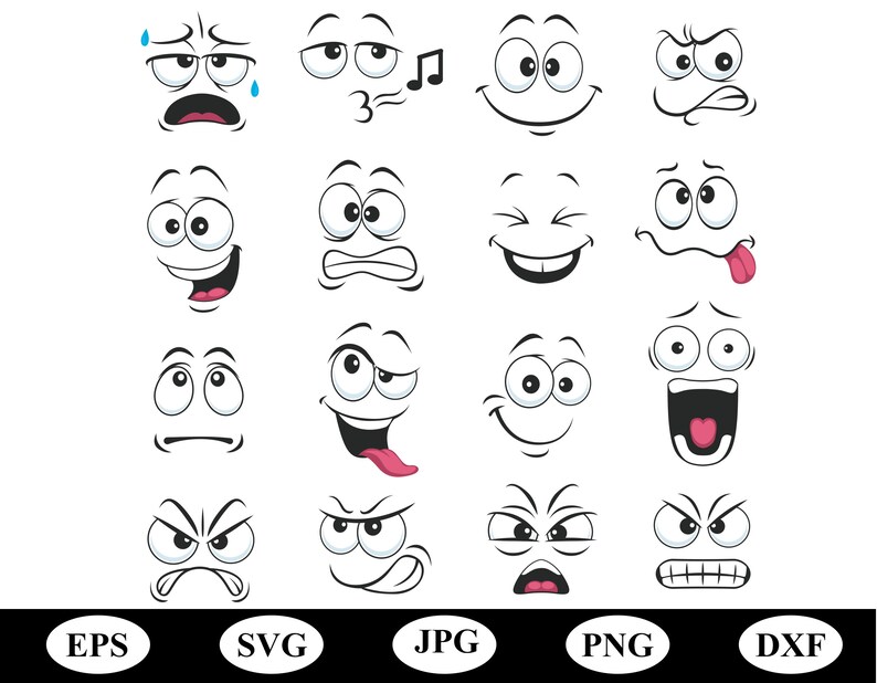 May include: A set of 16 black and white cartoon faces with different expressions. The faces are arranged in four rows of four. The expressions include happy, sad, surprised, angry, confused, and silly. The faces are all outlined in black and have white eyes and mouths. The faces are all on a white background. The words EPS, SVG, JPG, PNG, and DXF are written in white on black ovals at the bottom of the image.