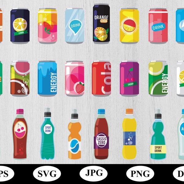 fizzy drink soda water different drink metallic cans and bottle illustration element svg, beverage drink bottle cans icon set clipart svg