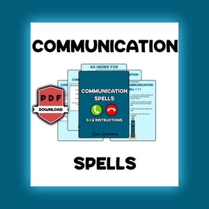 May include: A printable PDF download for communication spells. The cover features a red and green phone icon, the text "Communication Spells", and the words "40 Herbs for Communication Spells".