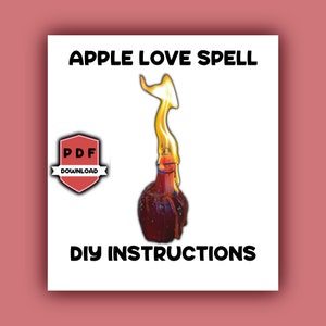 May include: A printable PDF download for a DIY apple love spell. The image shows a red apple with a flame on top, and the text "APPLE LOVE SPELL" and "DIY INSTRUCTIONS".