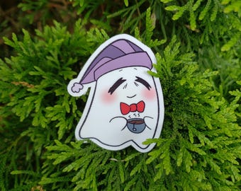 Kawaii Ghost Sticker: Sleeping, Drinking Tea - Waterproof Laptop Decal