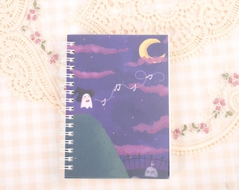 A6 Kawaii Singing Ghostie Ghost Purple Halloween Lined Paper Notebook/Handbag Notepad/Stationery 100 sheets/200 pages