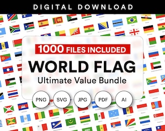 World Flag Bundle: 1000 Files Included, 200 Country Flags Clipart (Digital Download)