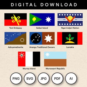 Op de afbeelding: Digitale download-afbeelding met negen vlaggen, elk met unieke ontwerpen en kleuren. De vlaggen vertegenwoordigen verschillende inheemse gemeenschappen, waaronder Tent Embassy, Saibai Island en Ngarrindjeri Nation. Bestandsformaten: PNG, SVG, JPG, PDF en AI.
