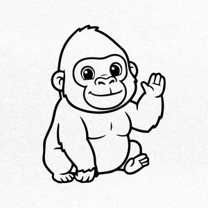 Puede incluir: Ilustración de dibujos animados en blanco y negro de un gorila saludando. El gorila está sentado con la mano derecha levantada en un saludo amistoso. El gorila tiene ojos grandes y una expresión sonriente.