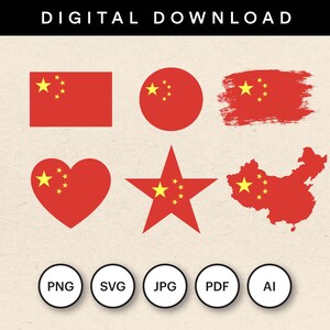 China Flagge Bundle, 30 Digitale Dateien Download, 6 Designs in Chinesisches Rundes Standard Herz Stern Karte Pinsel