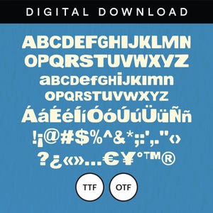 Pode incluir: Um gráfico de download digital em um fundo azul. O gráfico apresenta um alfabeto completo em maiúsculas e minúsculas, juntamente com caracteres especiais e símbolos. O texto está em negrito, fonte sem serifa. O gráfico também inclui o texto "TTF" e "OTF".