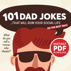 Op de afbeelding: Een cartoonillustratie van een man met een snor en een zonnebril. De tekst luidt "101 Dad Jokes... That Will Ruin Your Social Life (In The Best Way)" en "Direct PDF downloaden".