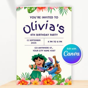 Faire-part d'anniversaire Lilo et Stitch modifiable, invitation à une fête tropicale pour les enfants, modèle de toile, téléchargement immédiat, texte personnalisable