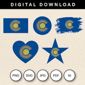 Könnte beinhalten: Digitaler Download-Grafik mit dem Commonwealth-Symbol in verschiedenen Formen: Rechteck, Kreis, Pinselstrich, Herz und Stern. Das Symbol ist eine gelbe Weltkugel mit Sonnenstrahlen auf blauem Hintergrund. Dateiformate sind PNG, SVG, JPG, PDF und AI.