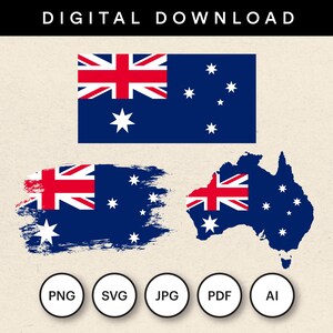 May include: Digital download graphic featuring the Australian flag in three distinct designs. Includes a rectangular flag, a flag with a brushstroke effect, and a map of Australia with the flag's elements. File formats: PNG, SVG, JPG, PDF, and AI.