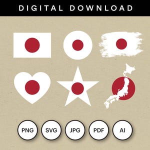 Japan Flag Bundle, 30 Digital Files Download, 6 Designs in Round, Standard, Heart, Star, Map, Brush, vector png svg pdf illustrator jpg