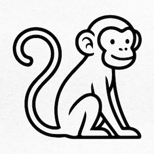 May include: A black and white line drawing of a monkey in a seated position. The monkey has a curved tail, large ears, and a smiling face. The image is a simple, cartoon-style illustration.