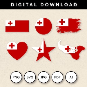 Op de afbeelding: Digitale download grafische set met de vlag van Tonga in verschillende vormen: rechthoek, cirkel, penseelstreek, hart, ster en kaartomtrek. Elk ontwerp is rood met een witte kanton en een rood kruis. Bestandsformaten zijn PNG, SVG, JPG, PDF en AI.