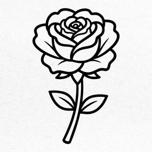 Peut inclure: Un dessin au trait noir et blanc d'une rose. La rose a de multiples pétales et est attachée à une tige avec deux feuilles. L'image est une illustration simple et élégante.