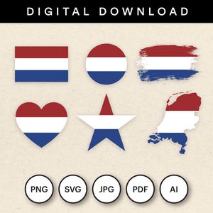 Netherlands Flag Bundle, 30 Digital Files Download, 6 Designs in Round, Standard, Heart, Star, Map, Brush