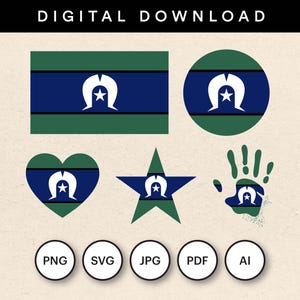 Vlagbundel Torres Strait-eilanden, 25 digitale bestanden, 5 ontwerpen: rond, standaard, hand-, ster- en hartvorm png, svg, pdf, illustrator, jpg