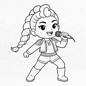 Può includere: Illustrazione a fumetti in bianco e nero di una cantante che tiene in mano un microfono. La cantante ha una lunga treccia, una giacca, pantaloncini e stivali. La cantante sorride e sembra cantare.