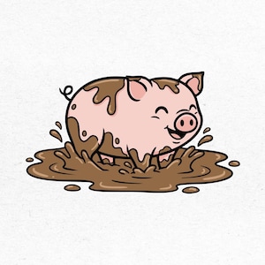 May include: A cartoon illustration of a happy pink pig playing in a puddle of brown mud. The pig is smiling with its eyes closed, and mud is splashed around it. The image is set against a white background.