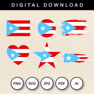 以下が含まれることがあります： さまざまな形状のプエルトリコ国旗をフィーチャーしたデジタルダウンロードグラフィックセット：長方形、円、ハート、星、ブラシストロークデザイン。旗は赤、白、青で、青い三角形に白い星があります。ファイル形式には、PNG、SVG、JPG、PDF、AIが含まれます。