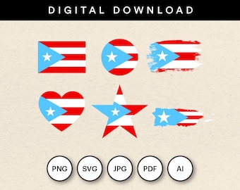 Paquete de banderas azul claro de Puerto Rico (1898-1952), 30 archivos digitales para descargar, 6 diseños en redondo, estándar, corazón, estrella, mapa y pincel.