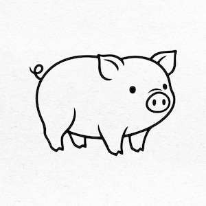 May include: A black and white line drawing of a pig. The pig is facing left, with a rounded body, small ears, and a curly tail. The pig has a simple, cartoonish design, with black outlines and white fill.
