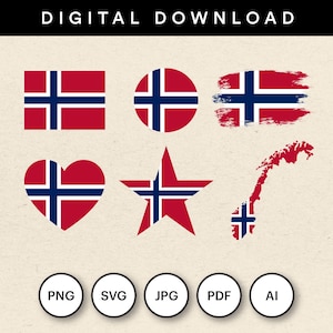 Puede incluir: Una colección de descarga digital que presenta la bandera de Noruega en varias formas, incluyendo un rectángulo, círculo, pincelada, corazón, estrella y el contorno del mapa del país. Debajo hay cinco iconos circulares con PNG, SVG, JPG, PDF y AI.