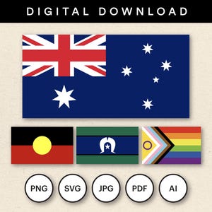 Puede incluir: Gráfico de descarga digital con la bandera australiana, la bandera aborigen, la bandera de los isleños del estrecho de Torres y la bandera del orgullo del progreso. Las banderas son rectangulares. Debajo hay iconos circulares etiquetados PNG, SVG, JPG, PDF y AI.