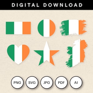 Puede incluir: Conjunto gráfico de descarga digital con la bandera irlandesa en varias formas: rectángulo, círculo, pincelada, corazón, estrella y el contorno de Irlanda. Las banderas son verdes, blancas y naranjas. La imagen también incluye iconos de tipo de archivo.
