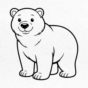 Może przedstawiać: Czarno-biała ilustracja stojącego niedźwiedzia polarnego. Niedźwiedź ma przyjazny wyraz twarzy z czarnym nosem i oczami. Rysunek jest prosty, z grubymi czarnymi konturami, w stylu kreskówkowym.