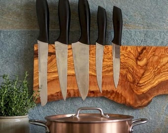 Handmade Live Edge Olive Wood Magnetic Knife Holder - Rustic Wall Mount Knife Rack