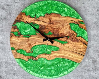 Custom Made Resin & Olive Wood Wall Clock, Made to Order Epoxy and Olive Wood Wall Clock, Live Edge Rustic Olive Wood Wall Clock, Home gift