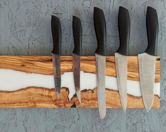 Magnetic Knife Rack Live Edge Olive Wood & Epoxy River - Chef Knife Holder Wall Mount, Strong Neodymium Magnets, Modern Kitchen Organizer