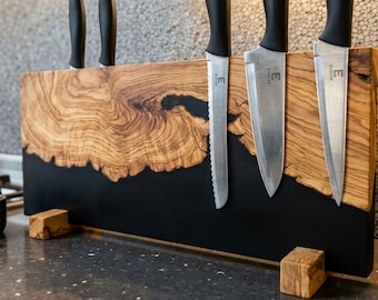 Olive Wood Epoxy Magnetic Knife Stand | Live Edge Chef Holder, Modern Kitchen Organizer